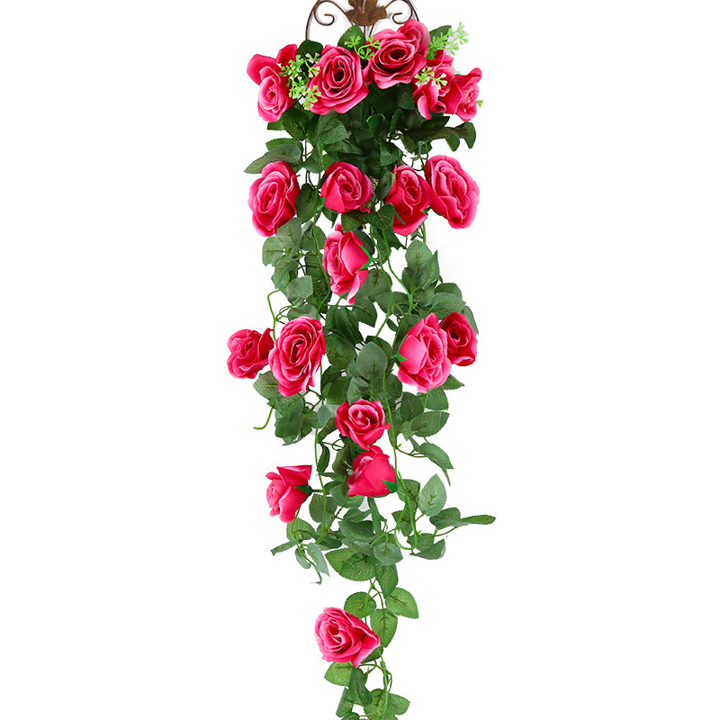 Artificial Rosa vid flor artificial ratán pared colgante pared decoración flor vid plástico cesta Planta artificial sala de estar