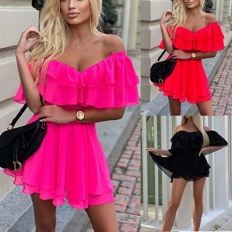 FC971 in stock 2025 cross-border summer new style off-shoulder sleeveless ruffled sexy mini chiffon dress