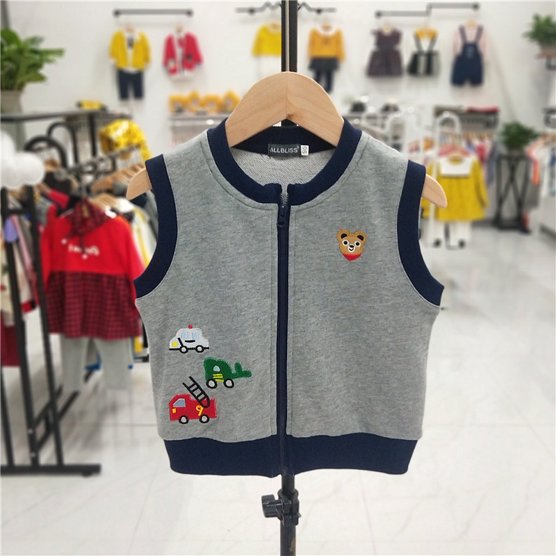 Otoño y primavera nuevos niños oso patrón bordado chaleco cremallera cardigan chaleco desgaste exterior de moda superior 2272