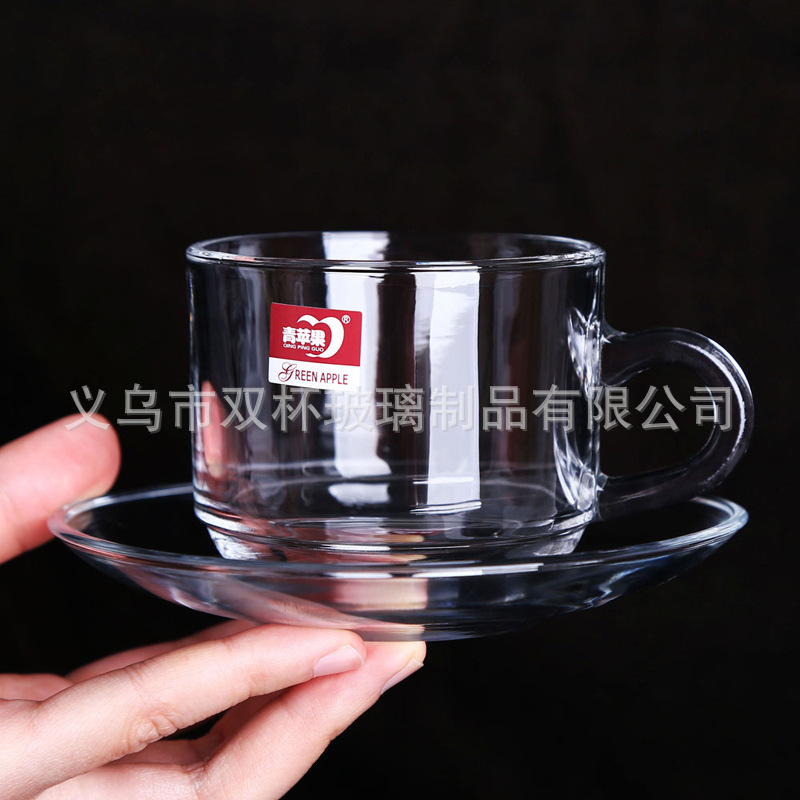 Manzana verde borde dorado 6 tazas 6 platos engrosada taza de café y platillo traje de vidrio transparente taza de té de la tarde taza de regalo