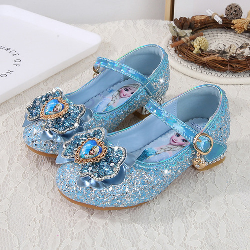 Girls Princess Shoes Fashion Spring and Autumn New Children's High Heels Elsa Princess Shoes Soft Sole Leather Shoes Crystal Single Shoes