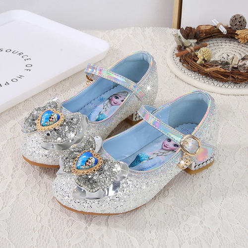 Girls Princess Shoes Fashion Spring and Autumn New Children's High Heels Elsa Princess Shoes Soft Sole Leather Shoes Crystal Single Shoes