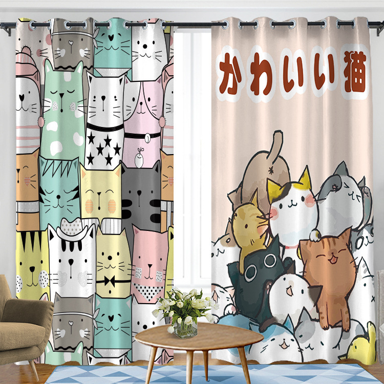 Internet Celebratory Cartoon Cat Cute Children's Room Hole-free Shading Curtain Bedroom Kindergarten Heat Insulation Anti-mosquito Shading Cloth