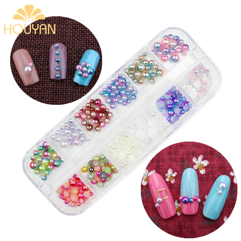 Nail art jewelry magic mermaid Pearl mixed semicircular ball beads color edging Pearl 12 grid Diamond box set Nail art jewelry magic mermaid Pearl mixed semicircular ball beads color edging Pearl 12 grid Diamond box set
