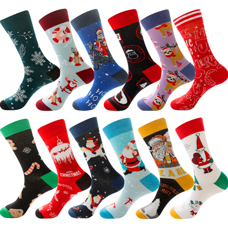 Spot 20 Autumn and Winter New Amazon Christmas 12-Color Men's Socks Elk Women's Socks Santa Claus Snowflake Socks