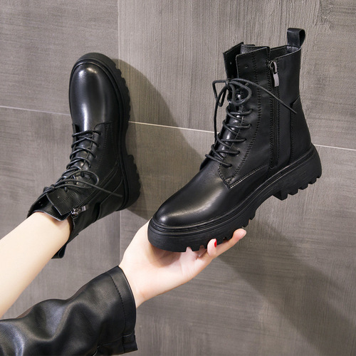 Spring and Autumn Women's 2025 Genuine Leather Motorbike Boots Winter Fleece Short Boots British Style Thick Sole Martin Boots for Women