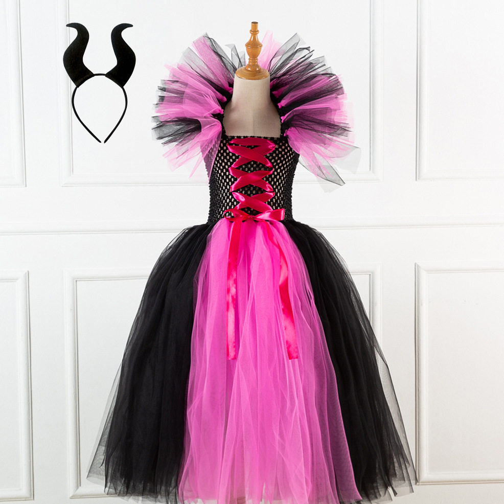 Halloween ropa para niños de Europa y América largo vestido de niña bruja tocado libre rendimiento vestido de malla fantasma Festival princesa vestido