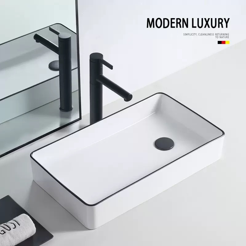 Lado izquierdo y derecho de la cuenca del asiento en el balcón lavadora lavabo de cerámica Cuenca del hogar borde negro lavabo