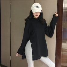 长袖t恤女秋季2020新款韩版纯色大码宽松开叉外贸上衣服女装批发