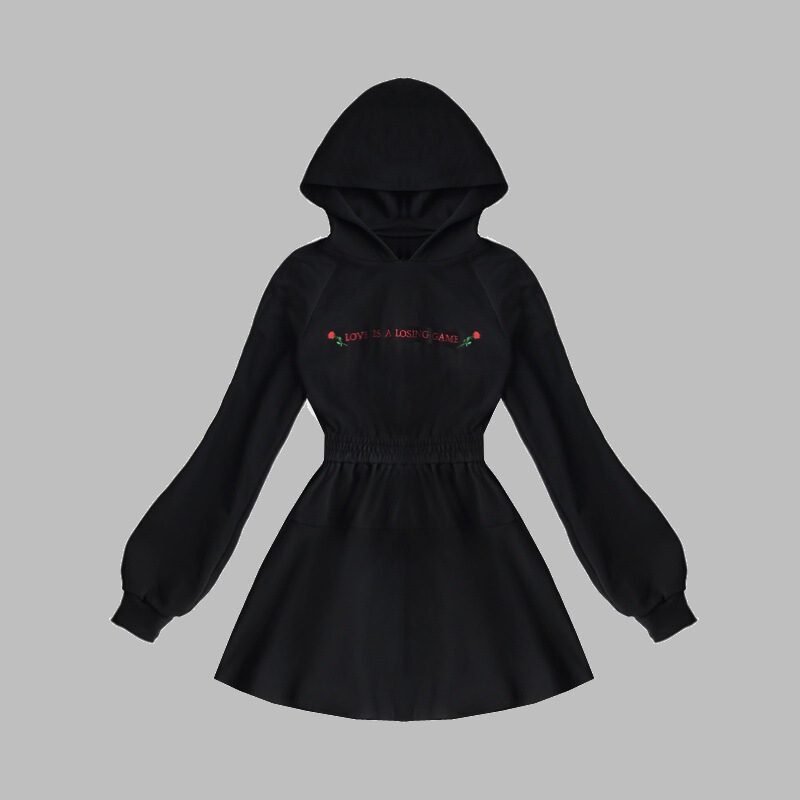 Small rose English embroidered hooded sweater dress autumn and winter women's slimming small black dress