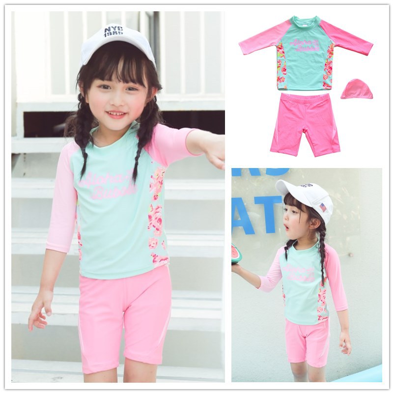 Pink and green spliced mid-sleeve mid-pants split