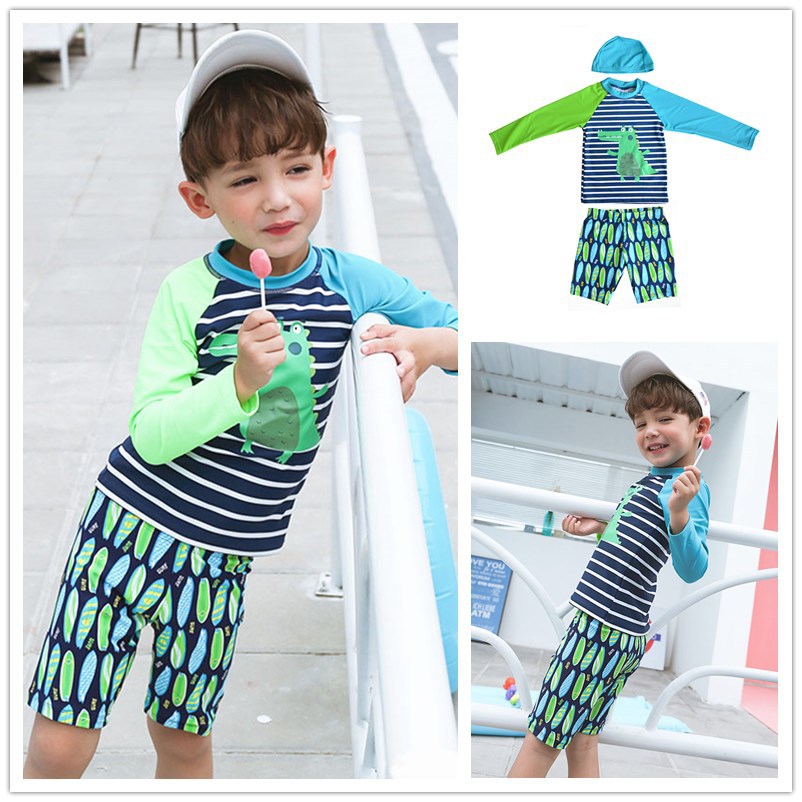 Blue and green color-blocked striped dinosaur split hooded three-piece set