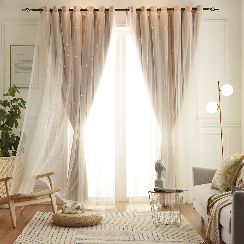 Red hueco estrellas Blackout cortina tela al por mayor moderno simple doble capa de alta precisión dormitorio cortina terminado sala de estar