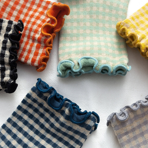 Korean retro plaid lace knee-high socks ins girl's frill colored Lolita cotton socks 