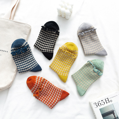 Korean retro plaid lace knee-high socks ins girl's frill colored Lolita cotton socks 