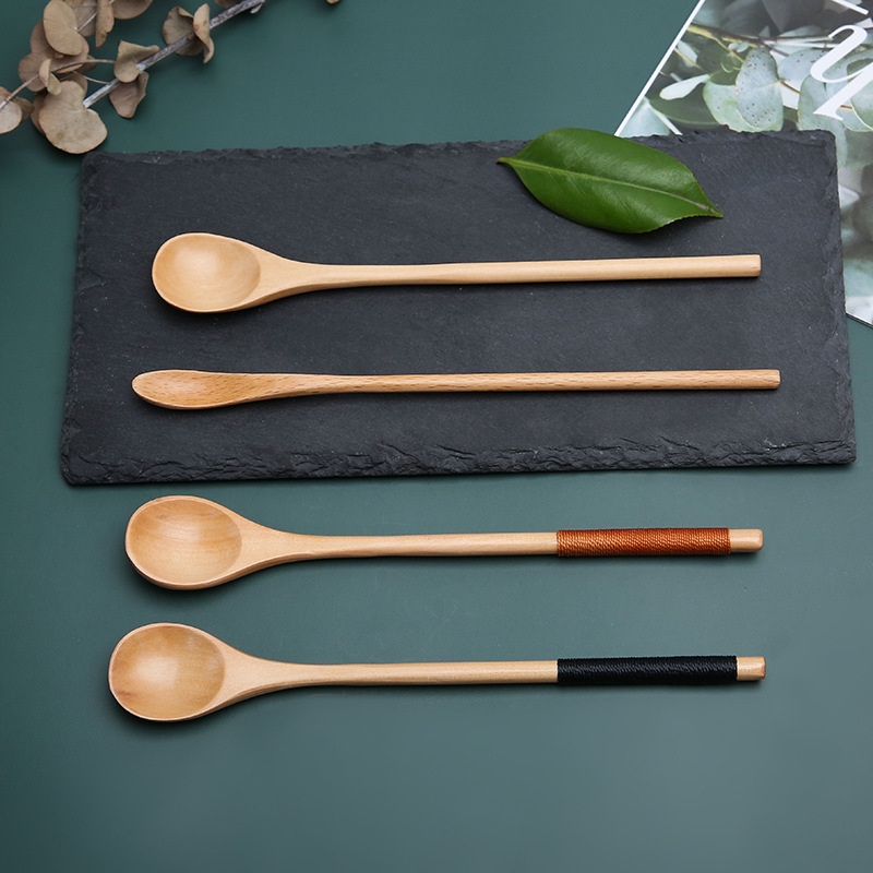 Estilo japonés bobinado mango largo cuchara de madera pintura grande café leche té miel mezcla cuchara vajilla de madera cuchara de sopa imprimible LOGO