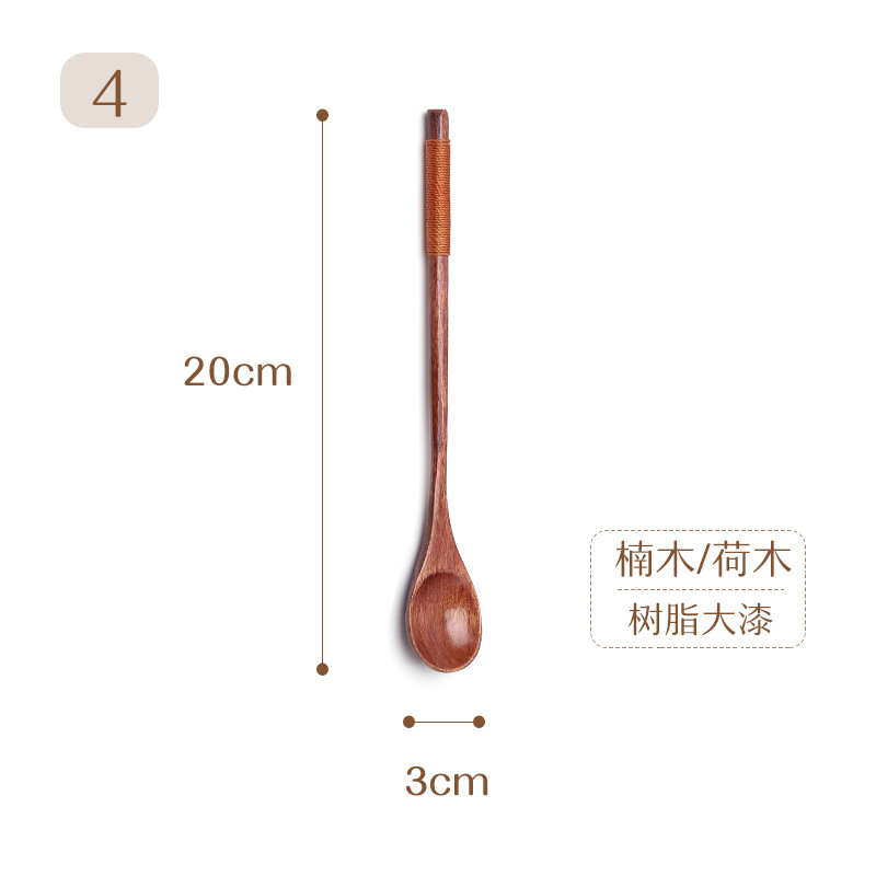 Estilo japonés bobinado mango largo cuchara de madera pintura grande café leche té miel mezcla cuchara vajilla de madera cuchara de sopa imprimible LOGO