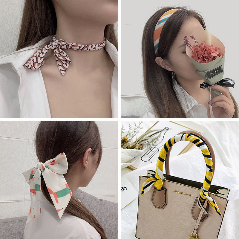 Primavera y otoño coreano bufandas de seda estrechas de decoración de banda larga impresión de seda simulada bufandas de ángulo agudo al por mayor en stock