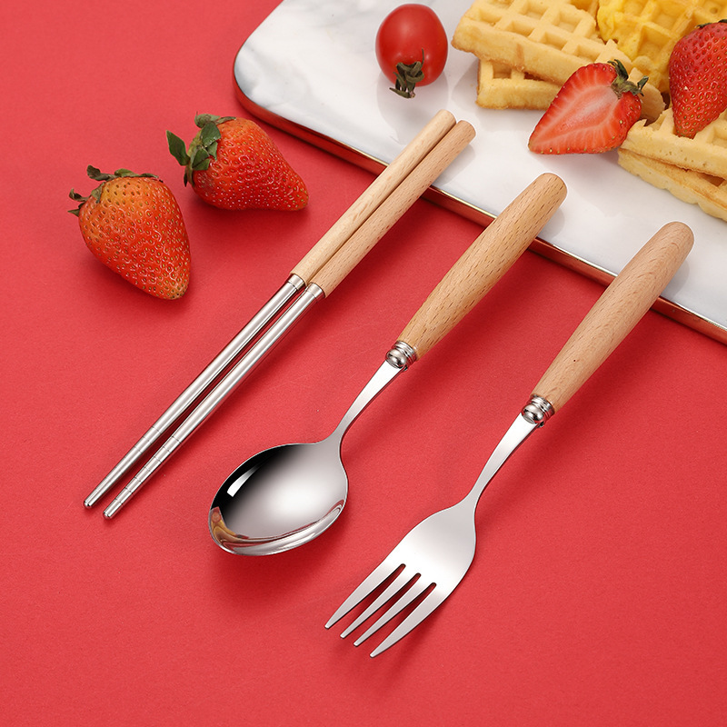 Pure Wooden Handle Tableware Set Stainless Steel Portable Three-piece Set Children's Soup Spoon Chopsticks Fork Spoon Student Gift
