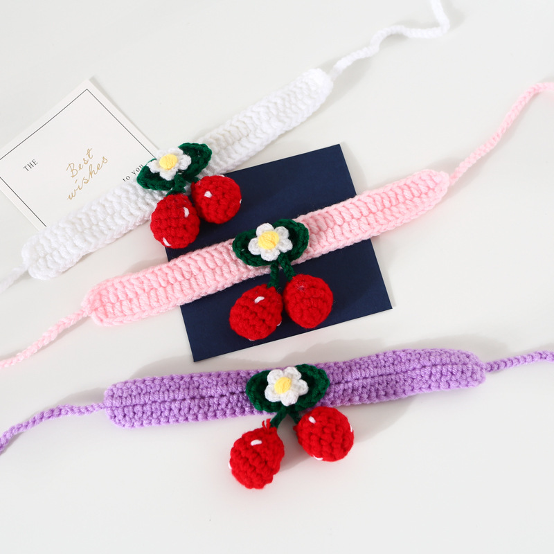 Mascotas ganchillo a mano lana cereza gatos perros collar ajustable accesorios collar flores trenzado