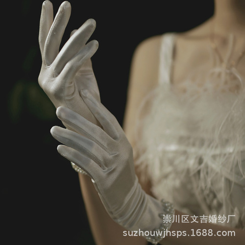 Korean satin face wedding pearl gloves white bag five finger short dress performance daily photo gloves wholesale