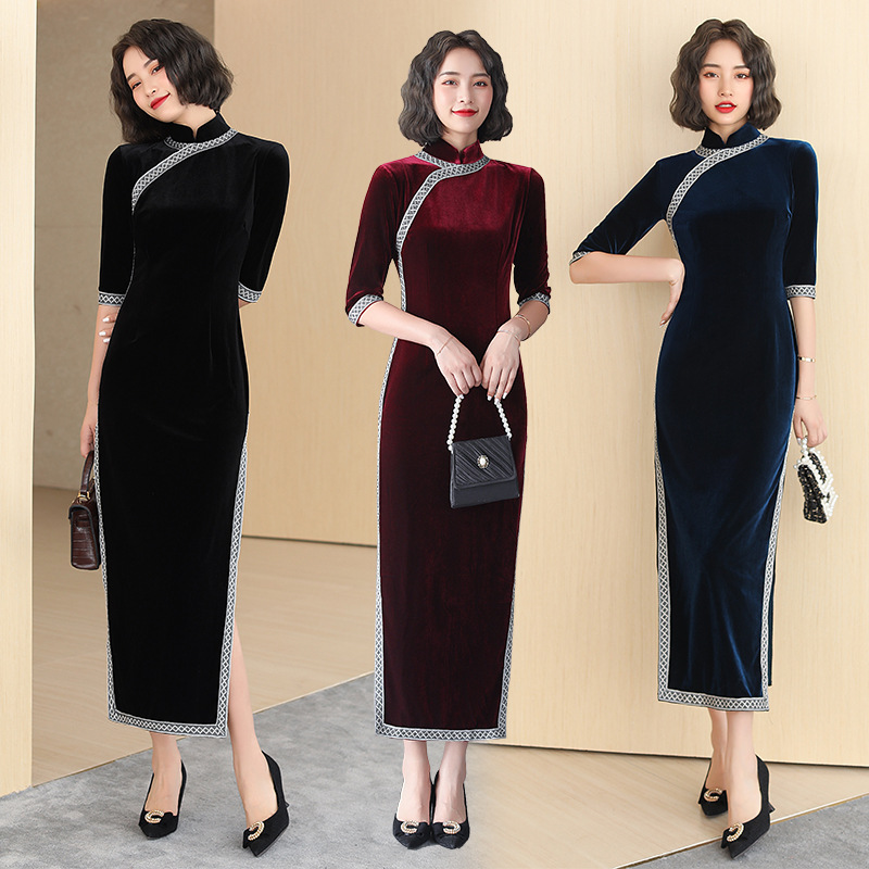 Cheongsam Young Black Velvet Body Dress 2022 Temperament Mid-length Annual Meeting Evening Dress Improved Velvet Cheongsam