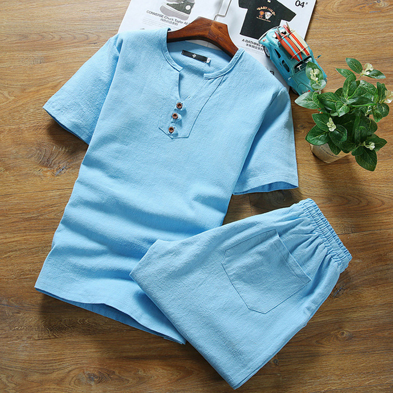 Comercio exterior 2020 verano hombres de lino casual más tamaño pantalones cortos de manga corta traje de algodón y lino de los hombres de color sólido camiseta camisa de fondo