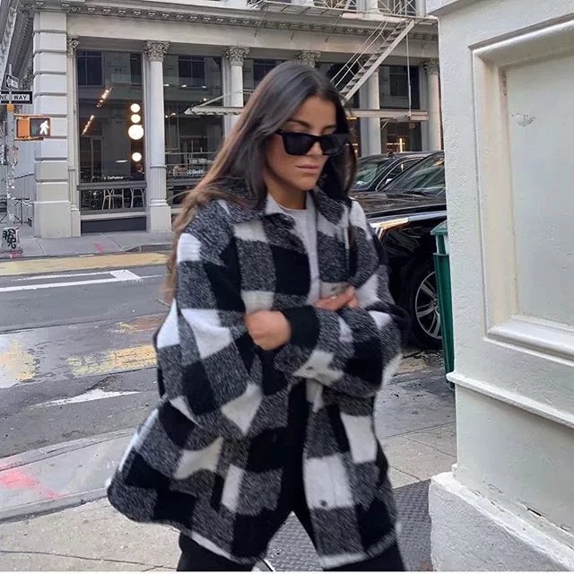 Abrigo de Lana Estilo Camisa para Mujer de Poliéster, Estampado a Cuadros, Monopecho para Otoño e Invierno