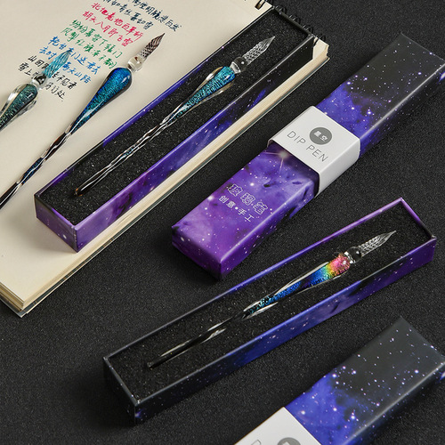 New handmade starry sky glass pen set dipped in water starry sky glass signature pen crystal pen gift box set