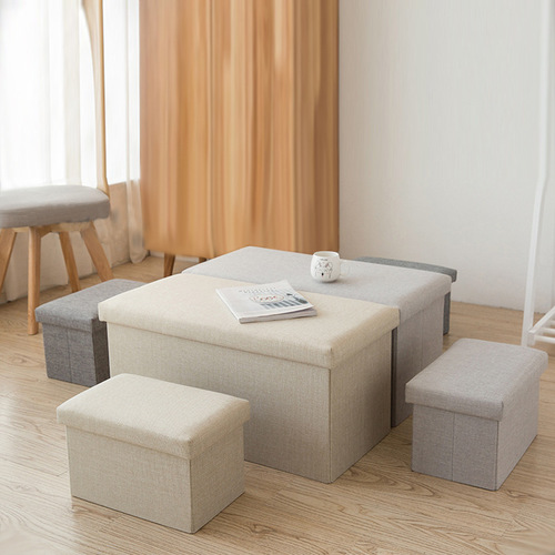 Cotton and linen storage stool rectangular household items multifunctional sofa shoe changing stool can sit on folding fabric storage stool