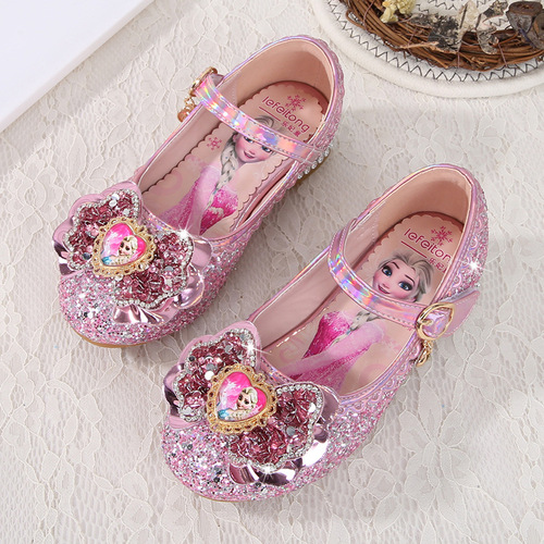 Girls Princess Shoes Fashion Spring and Autumn New Children's High Heels Elsa Princess Shoes Soft Sole Leather Shoes Crystal Single Shoes