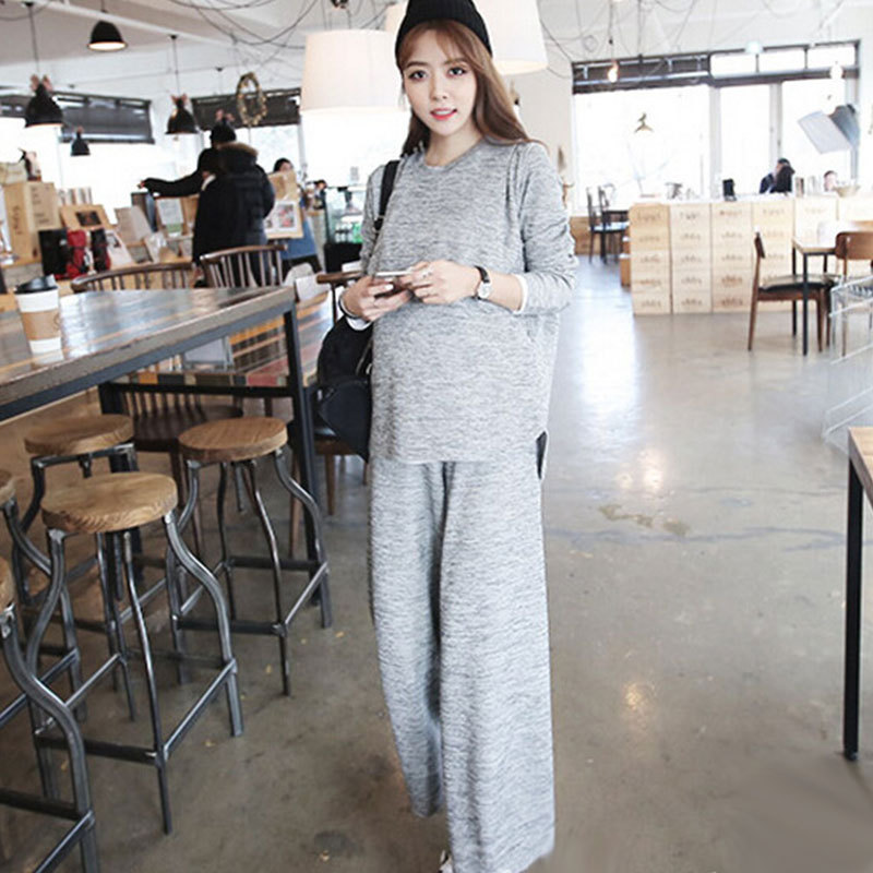 Maternity clothing autumn lactation suit Korean casual maternity clothing lactation top belly straight wide leg pants