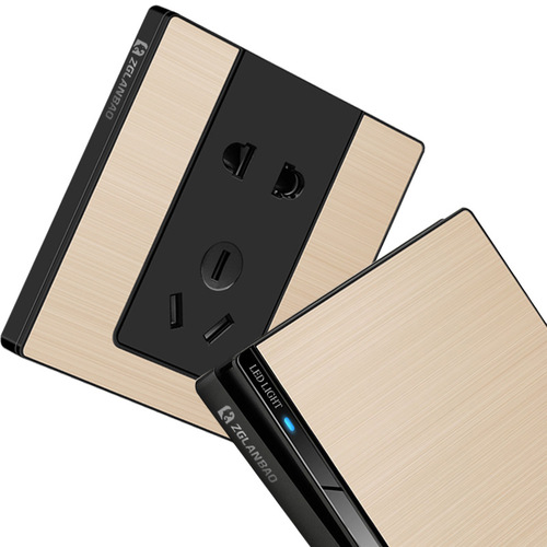 Stainless steel brushed gold with LED light wall switch panel 86 household Cixi socket two, three and five holes wholesale