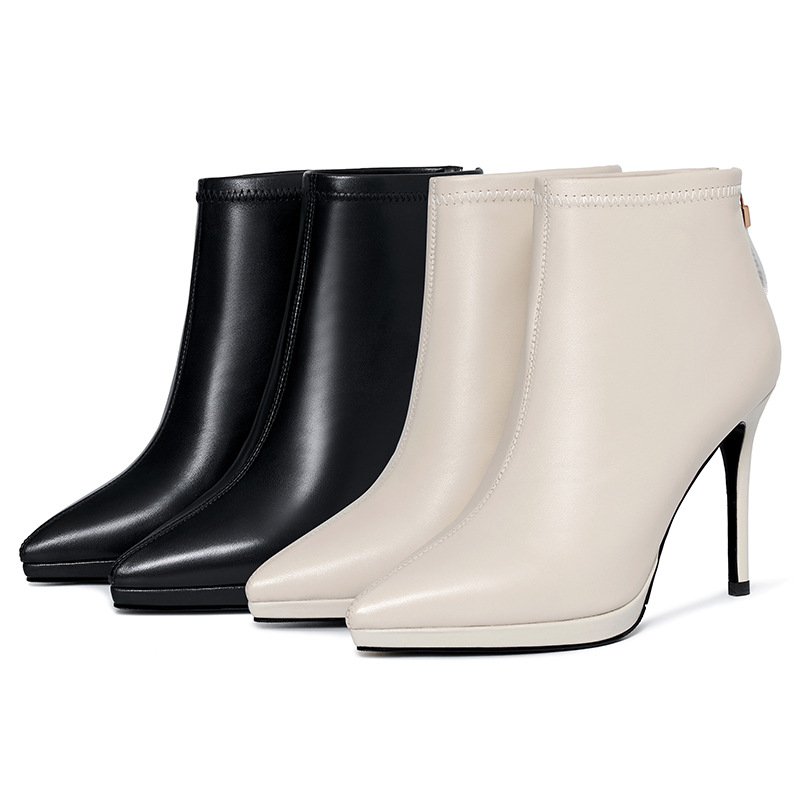 Boot cổ ngắn nữ da bò gót nhọn 10 cm mùa thu đông — Lớp lót nhung đen