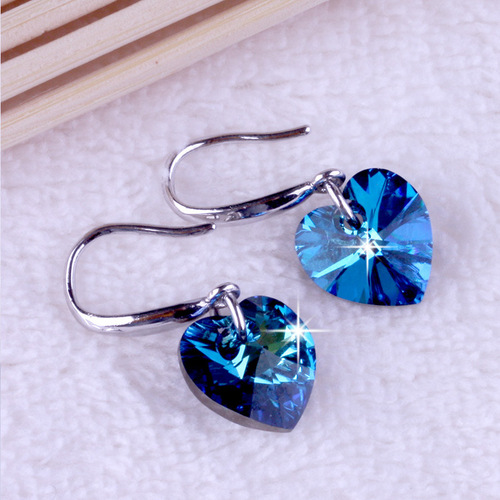 Korean women's jewelry women's long heart of the ocean blue crystal temperament elegant personality princess ear hook earrings jewelry