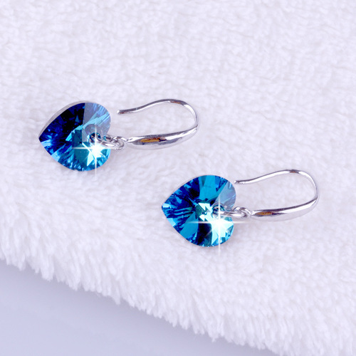 Korean women's jewelry women's long heart of the ocean blue crystal temperament elegant personality princess ear hook earrings jewelry