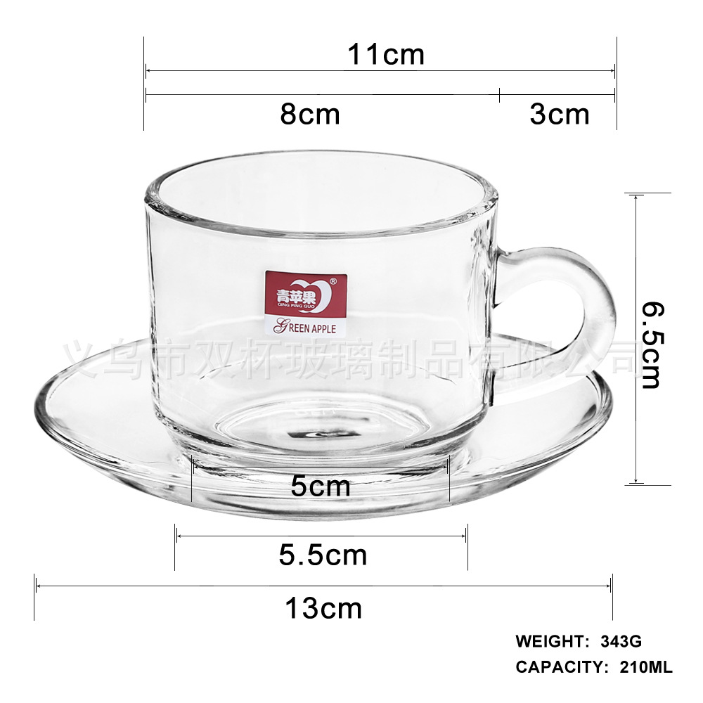 Manzana verde borde dorado 6 tazas 6 platos engrosada taza de café y platillo traje de vidrio transparente taza de té de la tarde taza de regalo