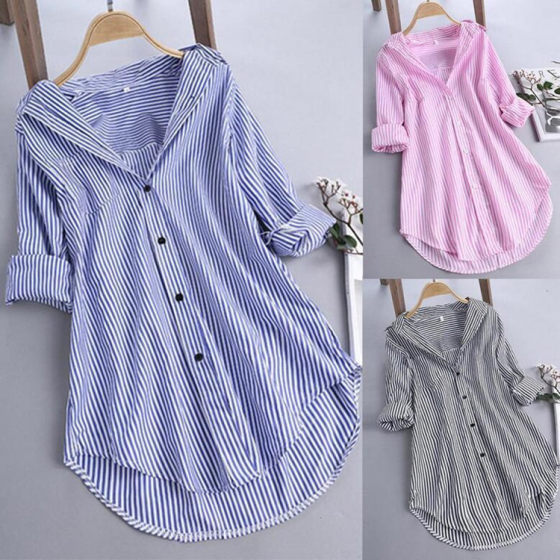 2019 Spring and Summer Cross-border Special for Amazon AliExpress Explosions Striped Women's Long Sleeve Loose Shirt