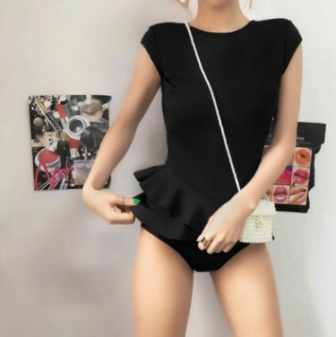 2020純色泳衣女 性感深V露背荷葉邊三角連體泳衣