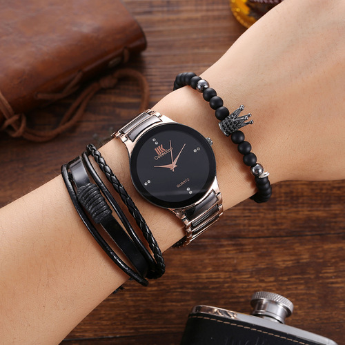 A07060 Men's Fashion Trendy Business Elegant British Style Steel Strap Quartz Watch and Bracelet Set