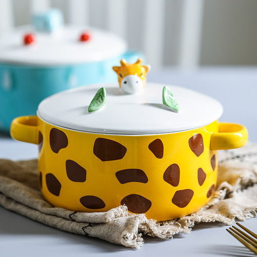 Creative ceramic bowl instant noodle bowl double-eared ceramic tableware dormitory soup bowl noodle bowl high-looking cartoon home