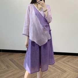 T9681 女式拼接撞色薄苎麻斜襟系绳改良汉服禅茶服