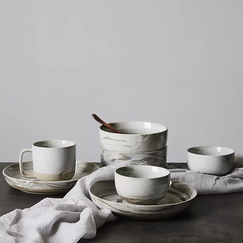 北欧陶土托盘大理石纹碗碟套装家用复古餐具深餐盘陶瓷米饭碗小