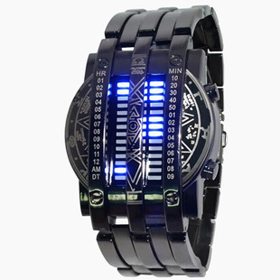 Factory wholesale binary steel band LED watch creative double row light watch Iron Man two vertical row electronic watch