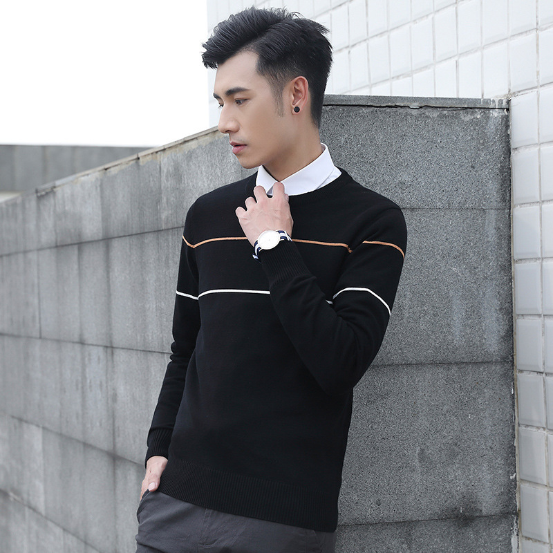 [Clearance] Men's Sweater Crewneck Turtleneck Simple Stripe Contrasting Color Fashion Knitted Sweater for Young Men