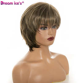 欧美化纤假发短款直发齐刘海染色女假发头套straight hair wigs
