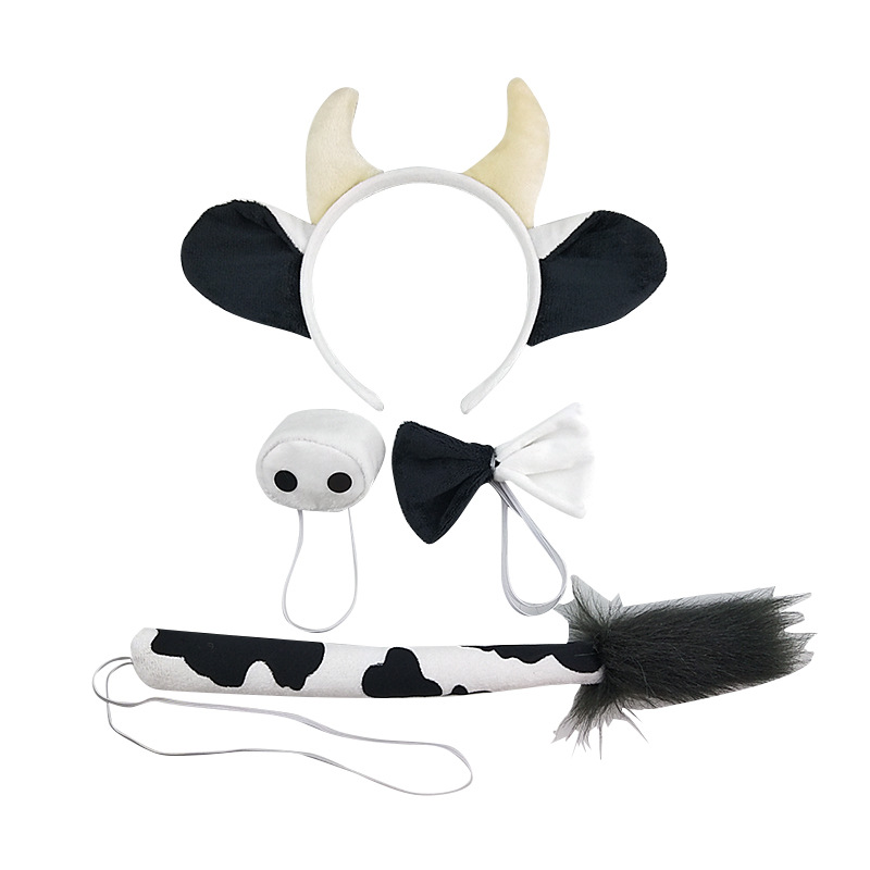 Diademas de animales de Halloween, orejas de vaca con cuernos blancas y negras de peluche, juego de cuatro piezas, accesorios para el cabello, venta directa de fábrica