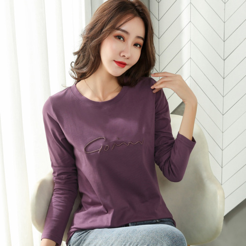 286 Autumn/Winter New Arrival Long-Sleeved Embroidered Letter Slim-Fit Base Shirt  T-Shirt Women's Plus-Size Top Trendy Cotton T-Shirt