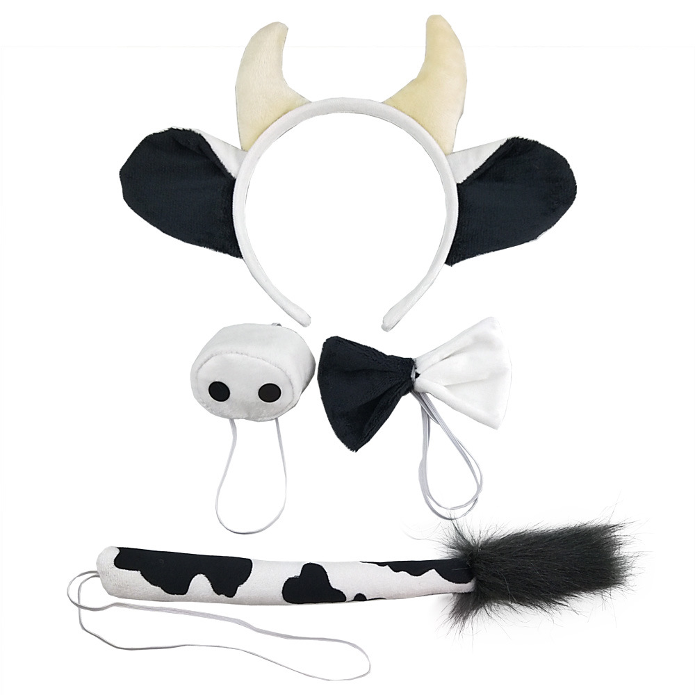 Diademas de animales de Halloween, orejas de vaca con cuernos blancas y negras de peluche, juego de cuatro piezas, accesorios para el cabello, venta directa de fábrica