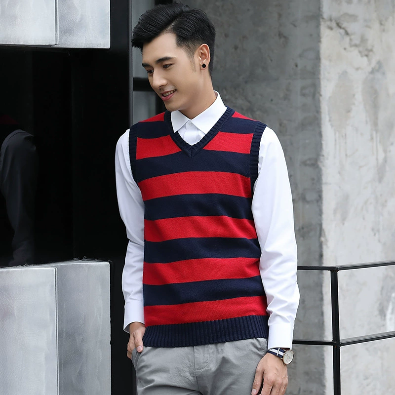Осень 2020 новый жилет свитер с V-образным вырезом мужской полосатый стиль подходящий цвет без рукавов пуловер жилет свитер мужской